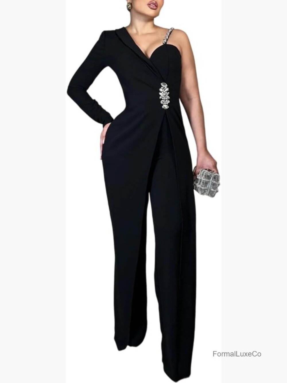 Women's Asymmetrical Wide Leg Jumpsuit with Rhinestone Strap